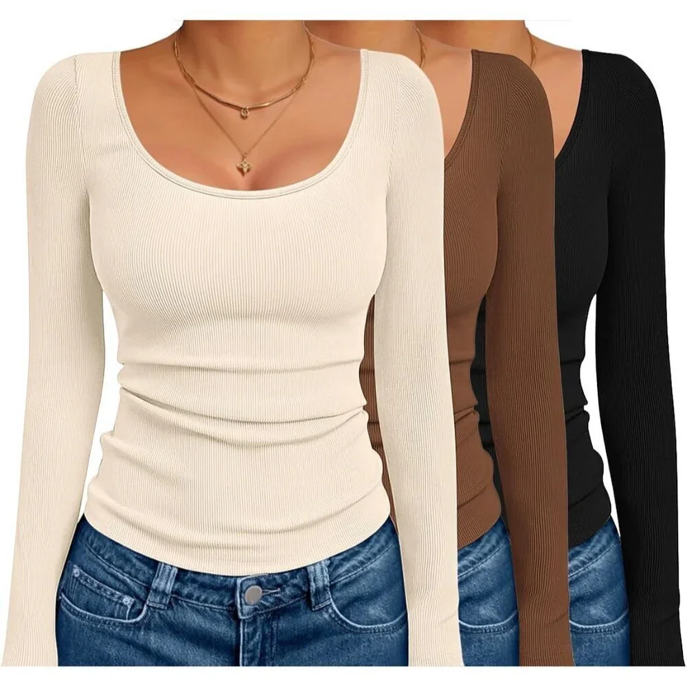 3 Pack Women's Long Sleeve Ribbed Thermal Tops Slim Fit Basic Undershirts